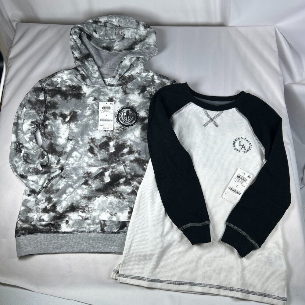 Boys Lot Of 2 Size 7 Black And White Waffle Knit Long Sleeve Hoodie Tie Dye NWT